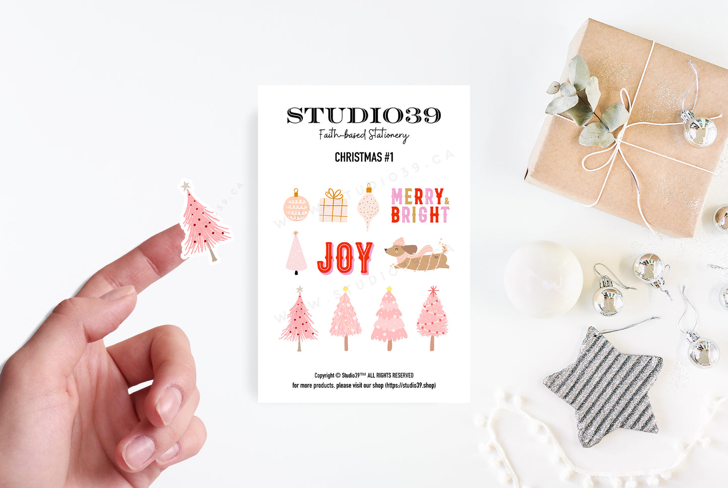 Pink Christmas Trees Sticker Sheet, Holiday Planner Stickers