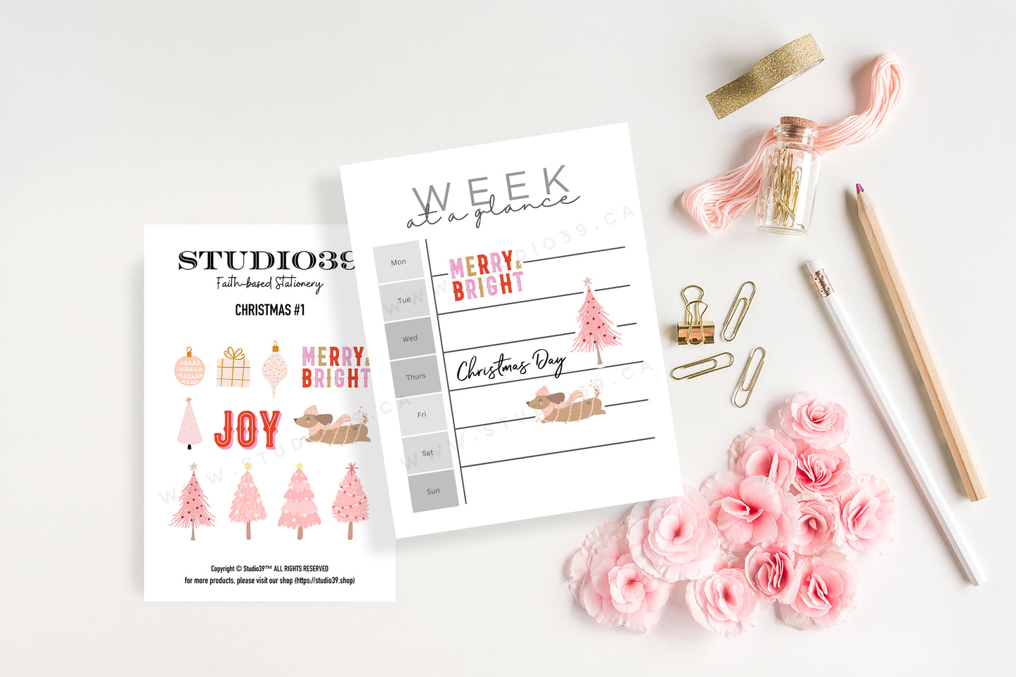 Pink Christmas Trees Sticker Sheet, Holiday Planner Stickers