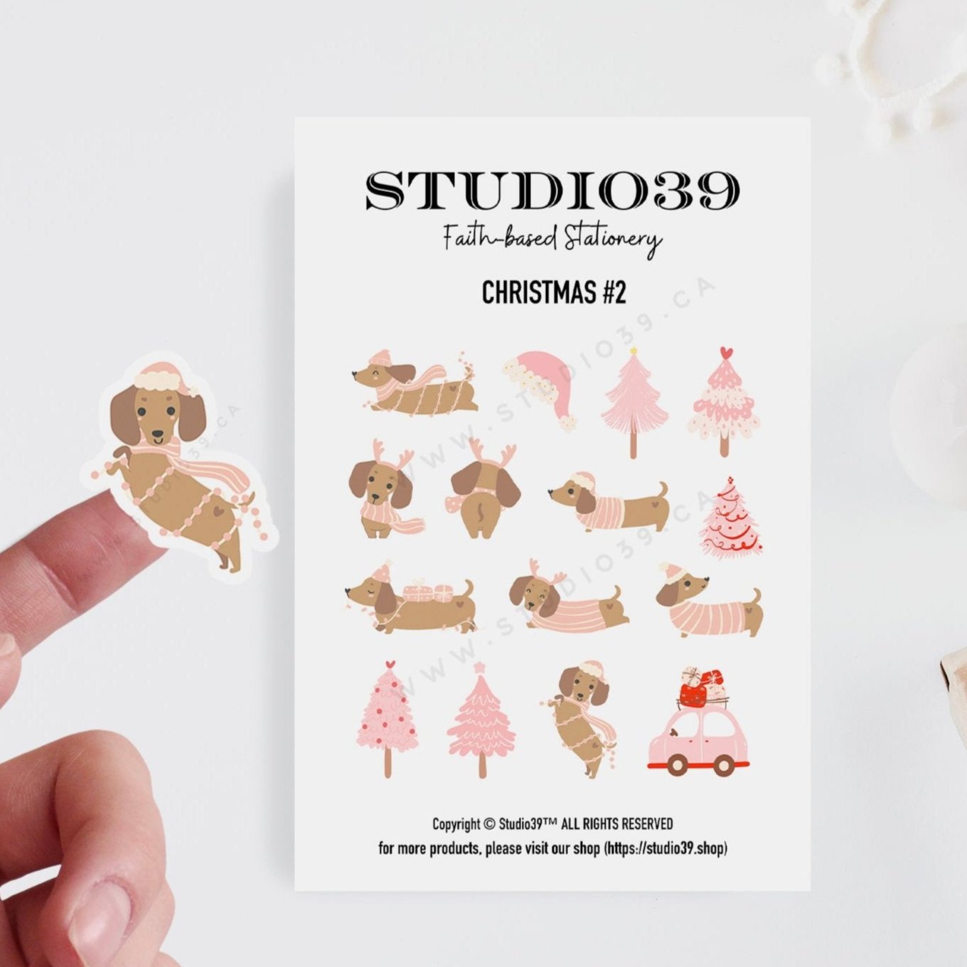 Studio39.shop_Pink_Christmas_Dachshund_Sticker_Sheet_holiday_planner_stickers_cover_photo