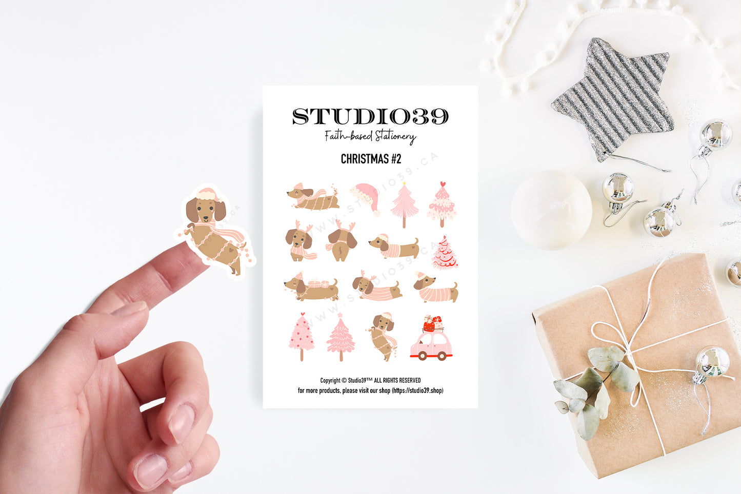 Pink Christmas Dachshund Sticker Sheet, Holiday Planner Stickers