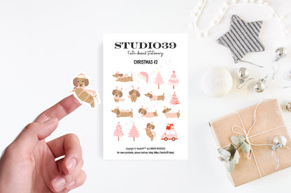 Pink Christmas Dachshund Sticker Sheet, Holiday Planner Stickers