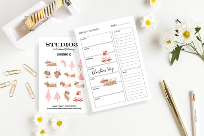 Pink Christmas Dachshund Sticker Sheet, Holiday Planner Stickers