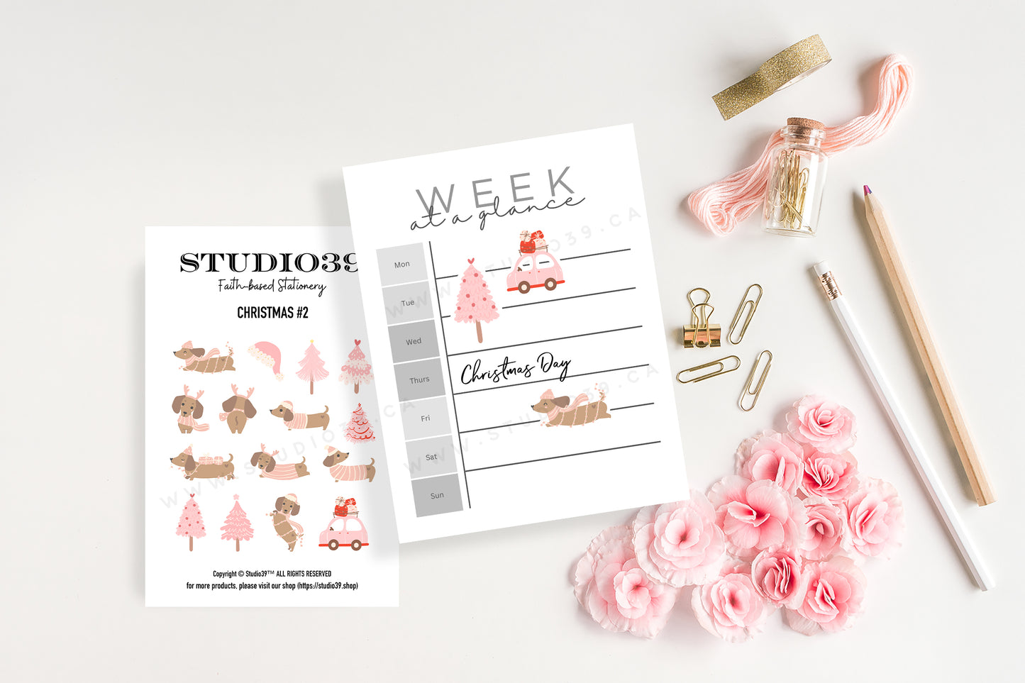 Pink Christmas Dachshund Sticker Sheet, Holiday Planner Stickers