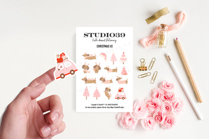 Pink Christmas Dachshund Sticker Sheet, Holiday Planner Stickers