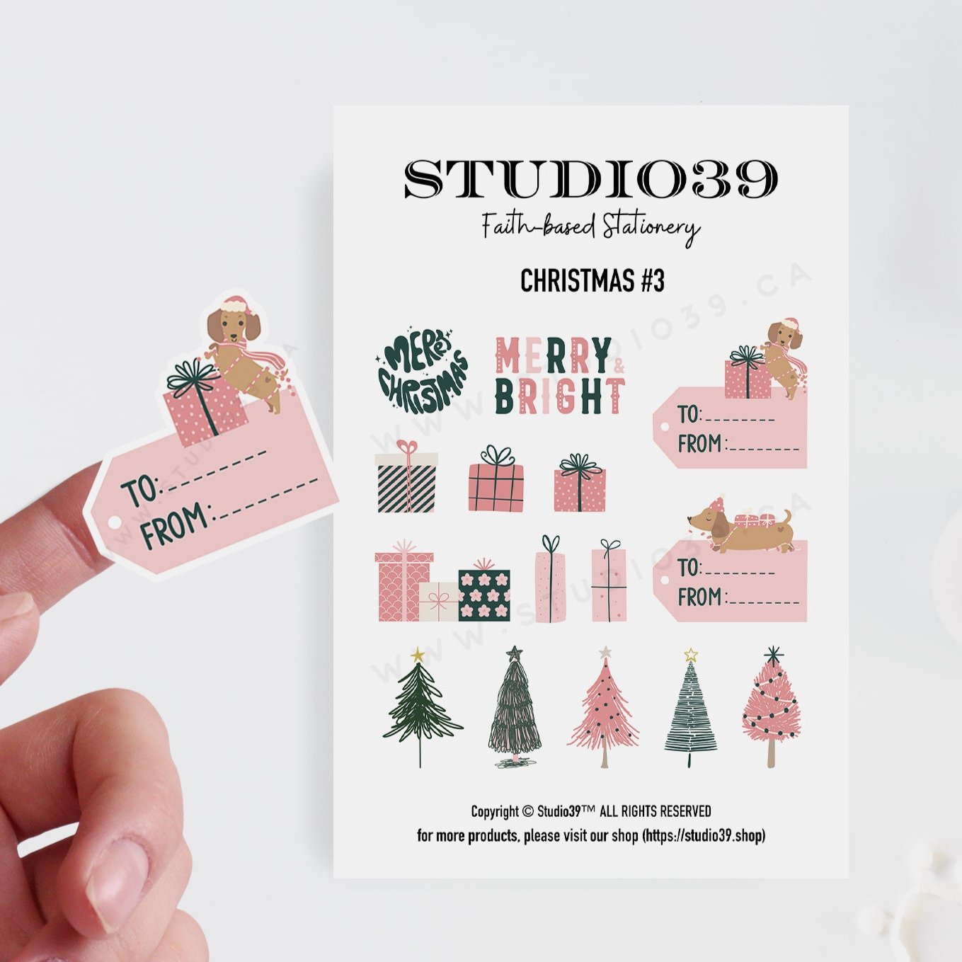 Studio39.shop_pink_Christmas_gift_labels_sticker_Christmas_trees_Christmas_gifts_sticker_sheet_cover_photo