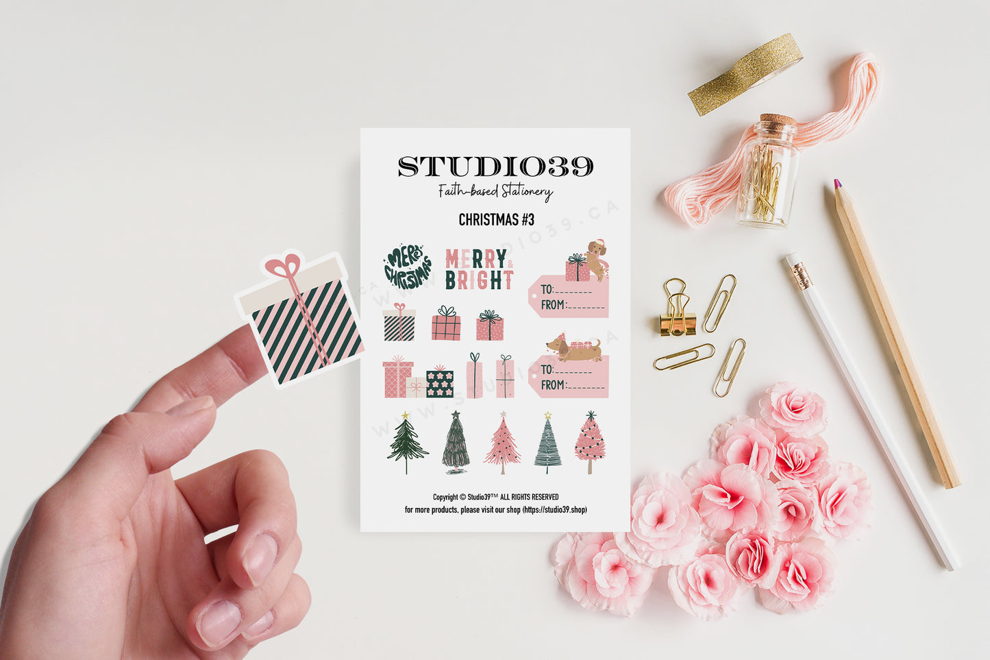 Pink Christmas Gift Label Sticker Sheet, Christmas Trees, Holiday Planner Stickers