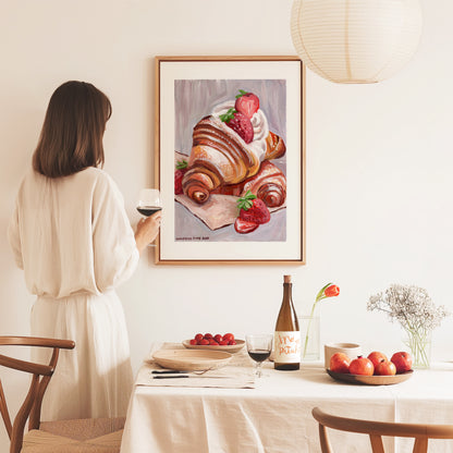 Strawberry and Croissant - Fine Art Print, Giclée Print, Home Décor, Wall Art