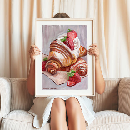 Strawberry and Croissant - Fine Art Print, Giclée Print, Home Décor, Wall Art